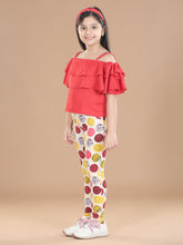 Girls Cotton Floral Printed Jegging and Red Top Set
